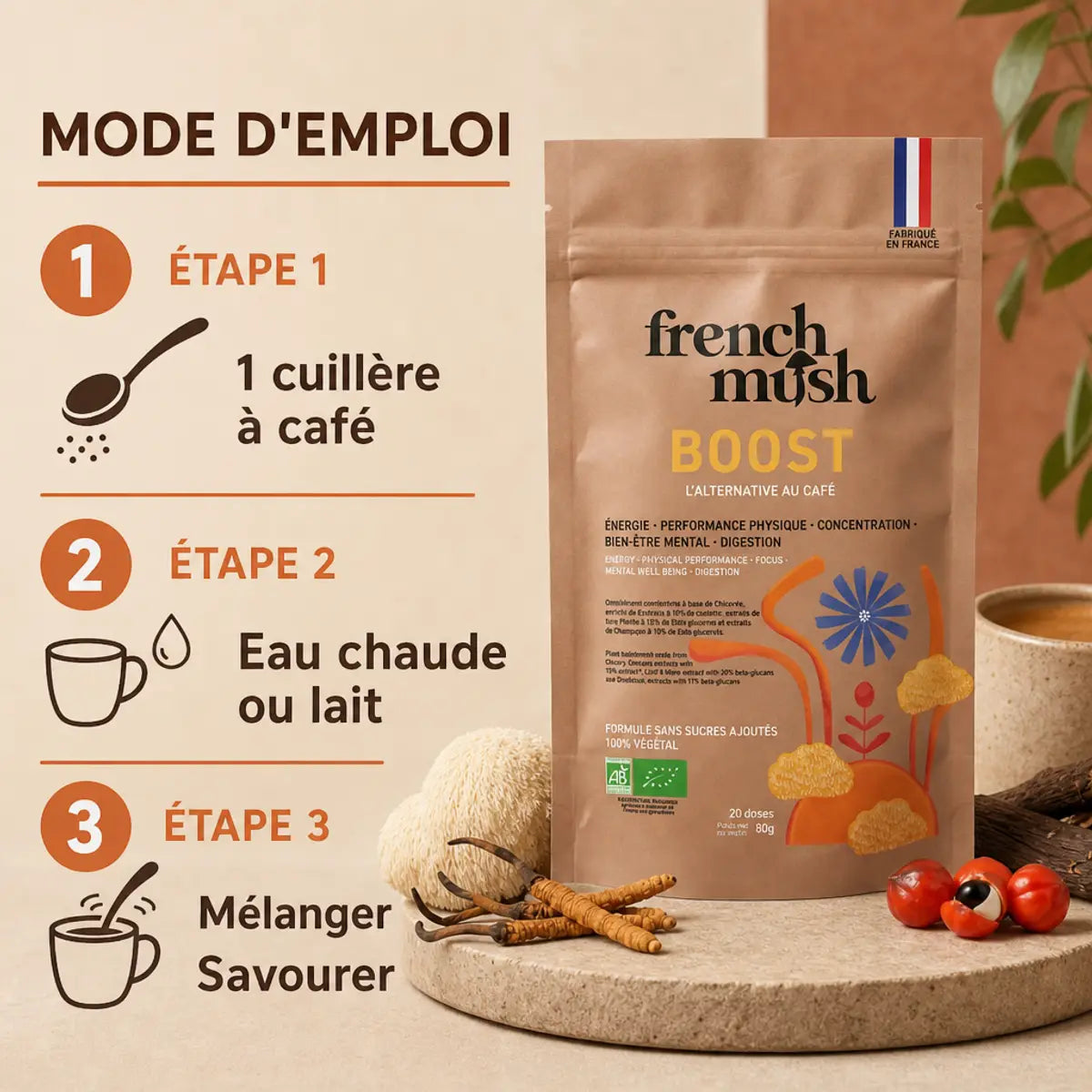 BOOST French Mush café champignons adaptogènes avec mode d'emploi préparation étapes