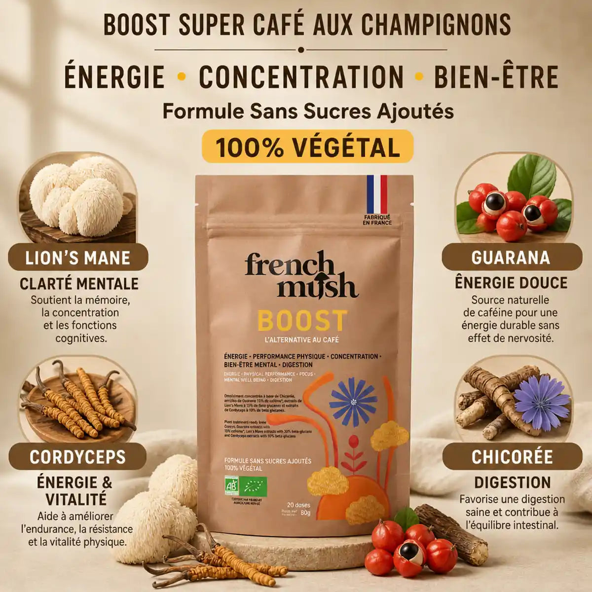 BOOST Café aux champignons adaptogènes French Mush avec Lion's Mane, Cordyceps, Guarana et Chicorée