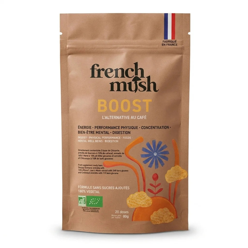 Café aux champignons adaptagènes BOOST French Mush en sachet 80g sur fond blanc