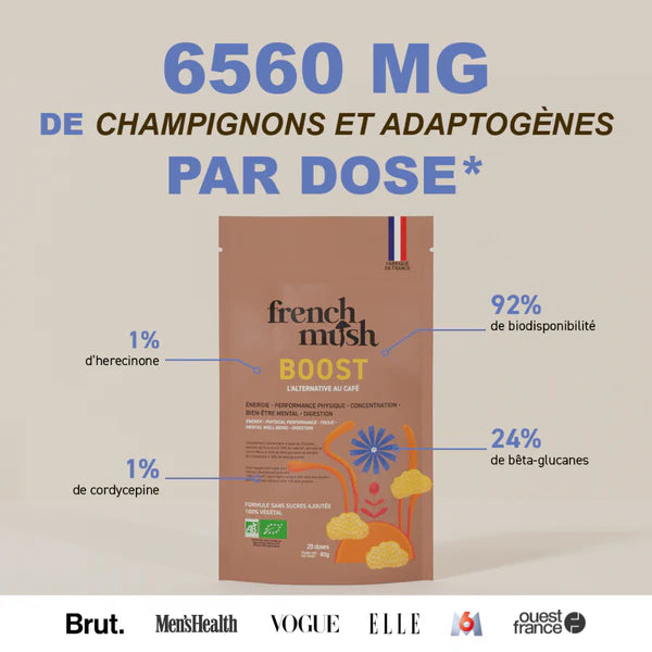 La dose de champignons contenus dans le super café aux champignons adaptogènes BOOST de French Mush