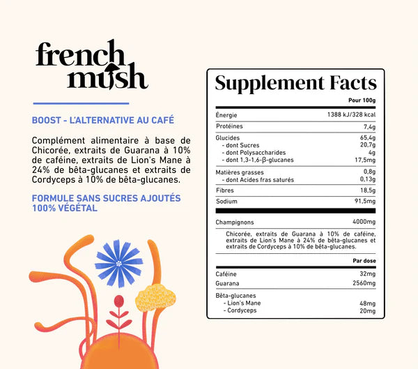 Etiquette de valeurs énergétiques du super café aux champignons adaptogènes BOOST de French Mush