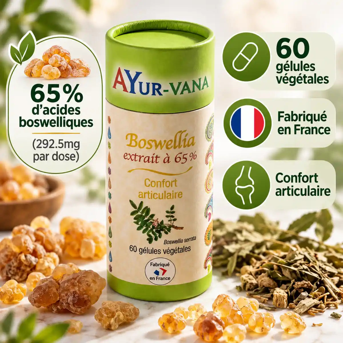 Boswellia serrata 65% extrait 60 gélules végétales Ayur-Vana confort articulaire fabriqué France