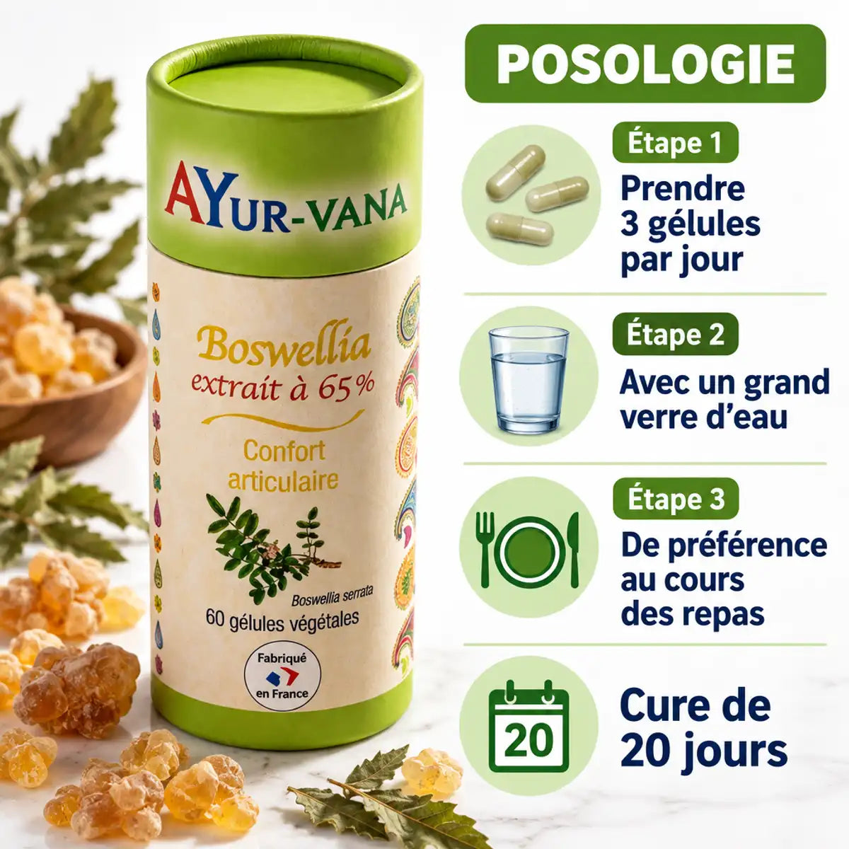 Boswellia serrata 65% 60 gélules Ayur-Vana avec posologie confort articulaire