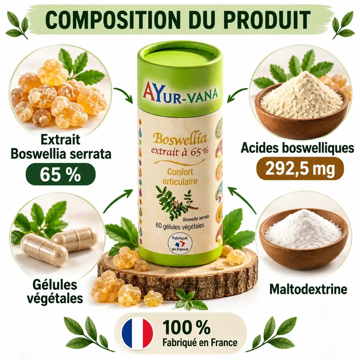 Boswellia serrata 65% Ayur-Vana - Composition produit gélules confort articulaire fabriqué France