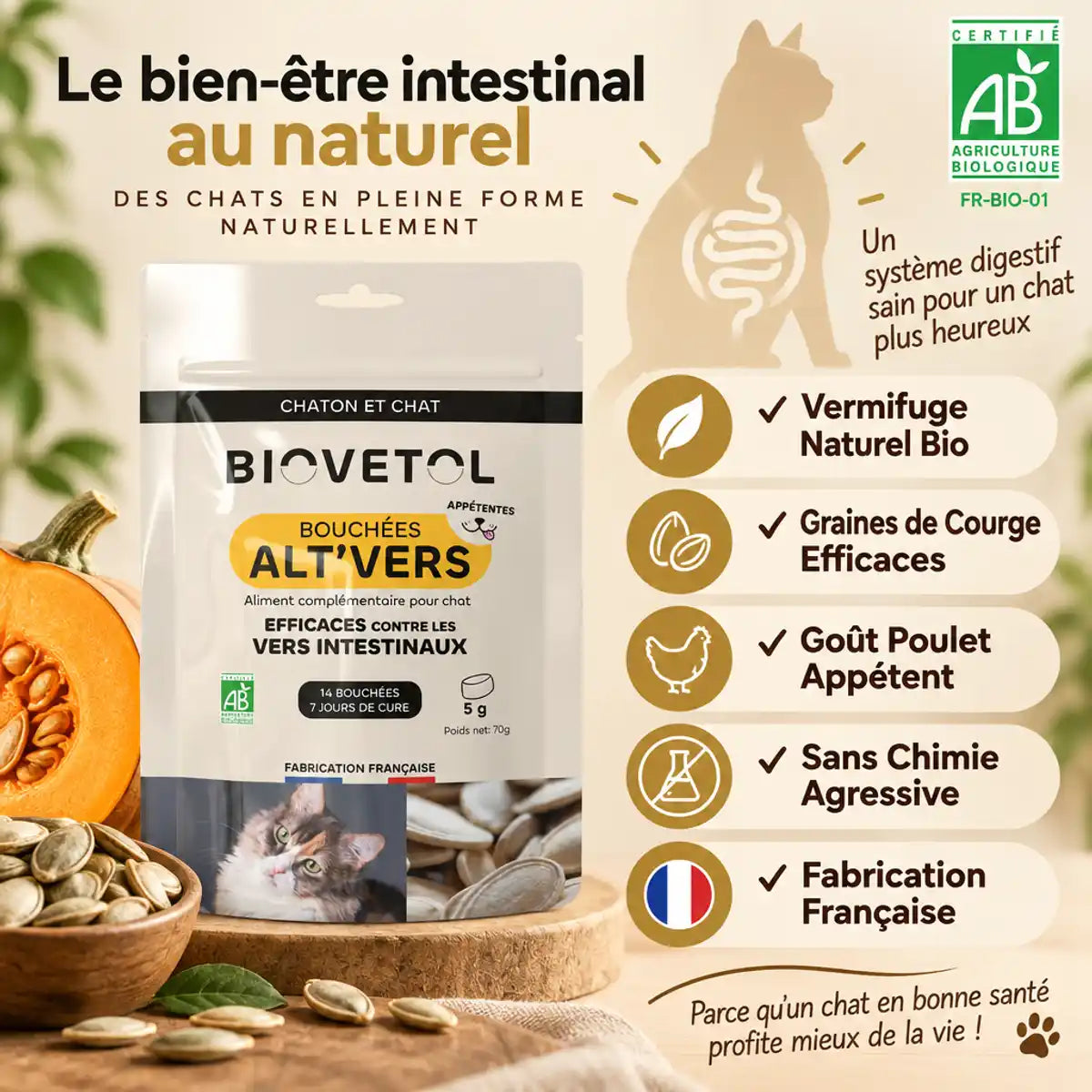 Bouchées Alt'Vers Bio Biovetol vermifuge naturel chat avec graines de courge, certification française