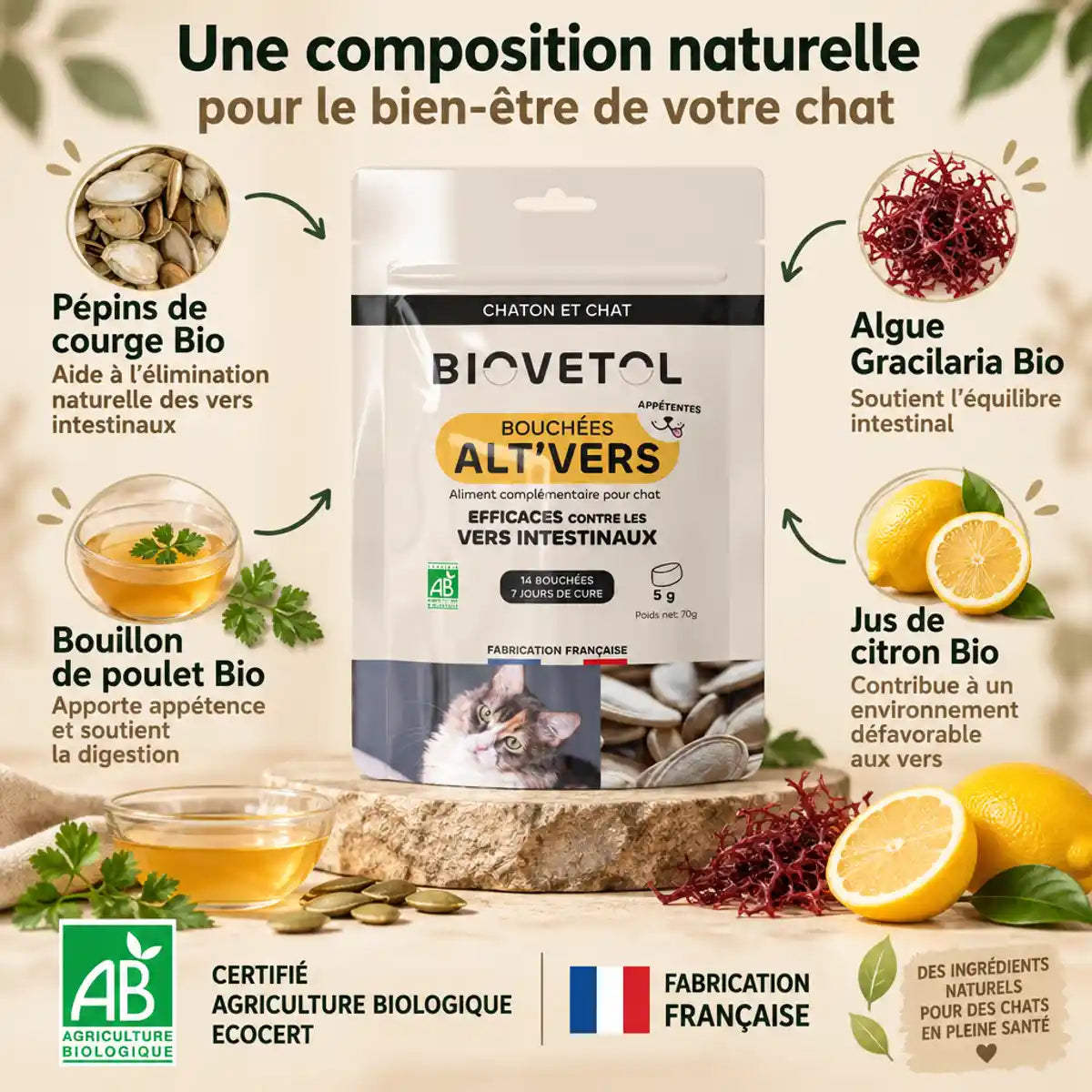 Biovetol Alt'Vers Bio pouch with ingredients: pumpkin seeds, chicken broth, seaweed, lemon juice for cats