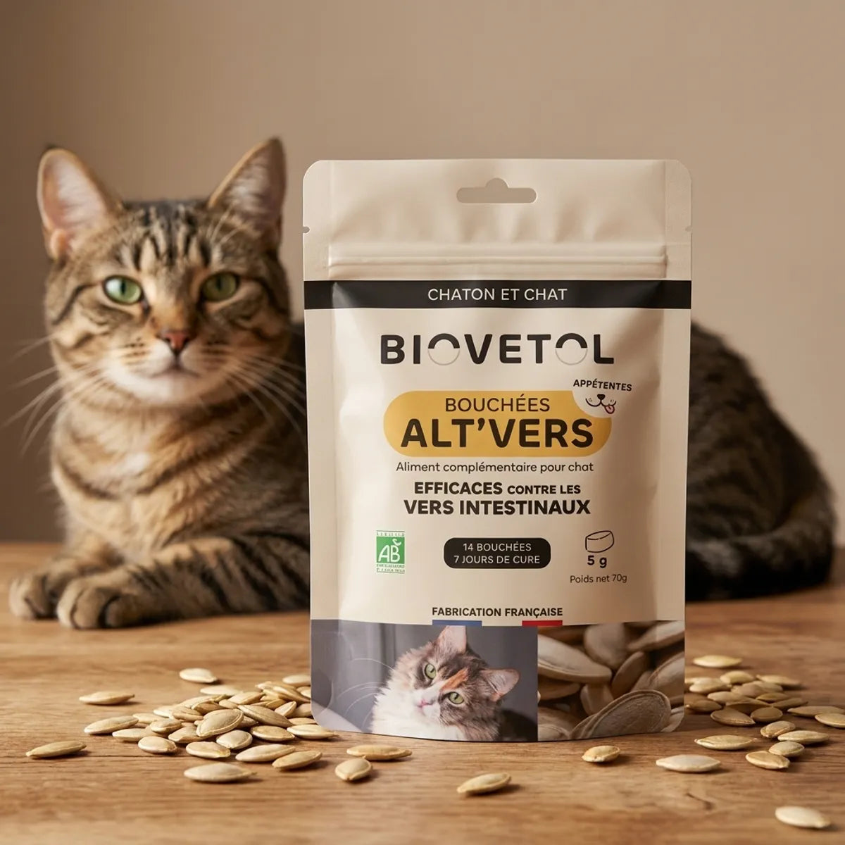 Bouchées Alt'Vers Bio Biovetol contre les vers, graines de courge et chat tabby