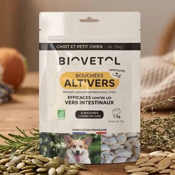 Bouchées Alt'Vers Bio Biovetol contre vers intestinaux chiot avec graines courge et herbes