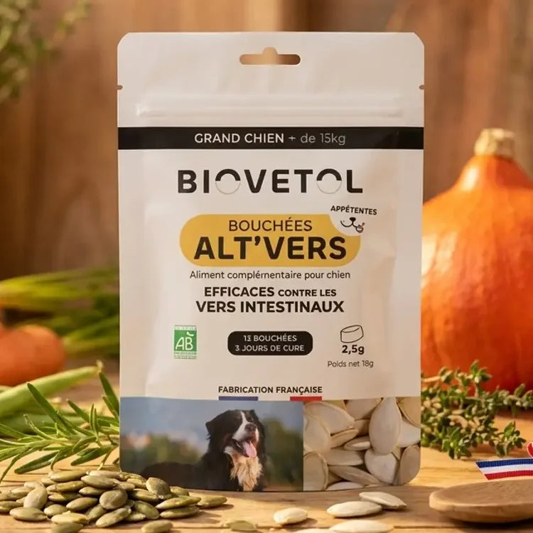 Bouchées Alt'Vers Bio Biovetol contre vers intestinaux grand chien avec graines courge