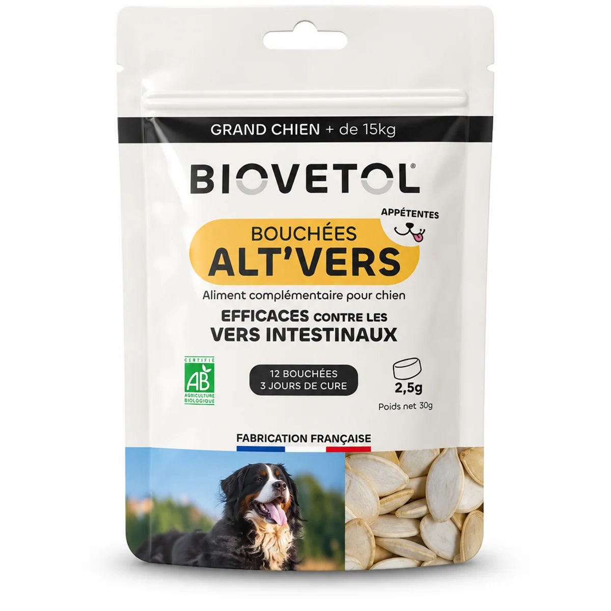 Bouchées Alt'Vers Bio Biovetol grand chien contre vers intestinaux sachet 12 bouchées