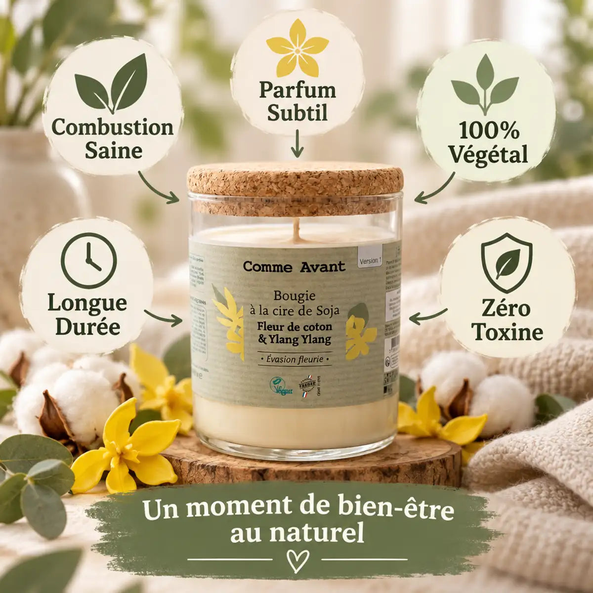 Bougie cire soja Comme Avant 190g fleur coton ylang ylang bénéfices naturels