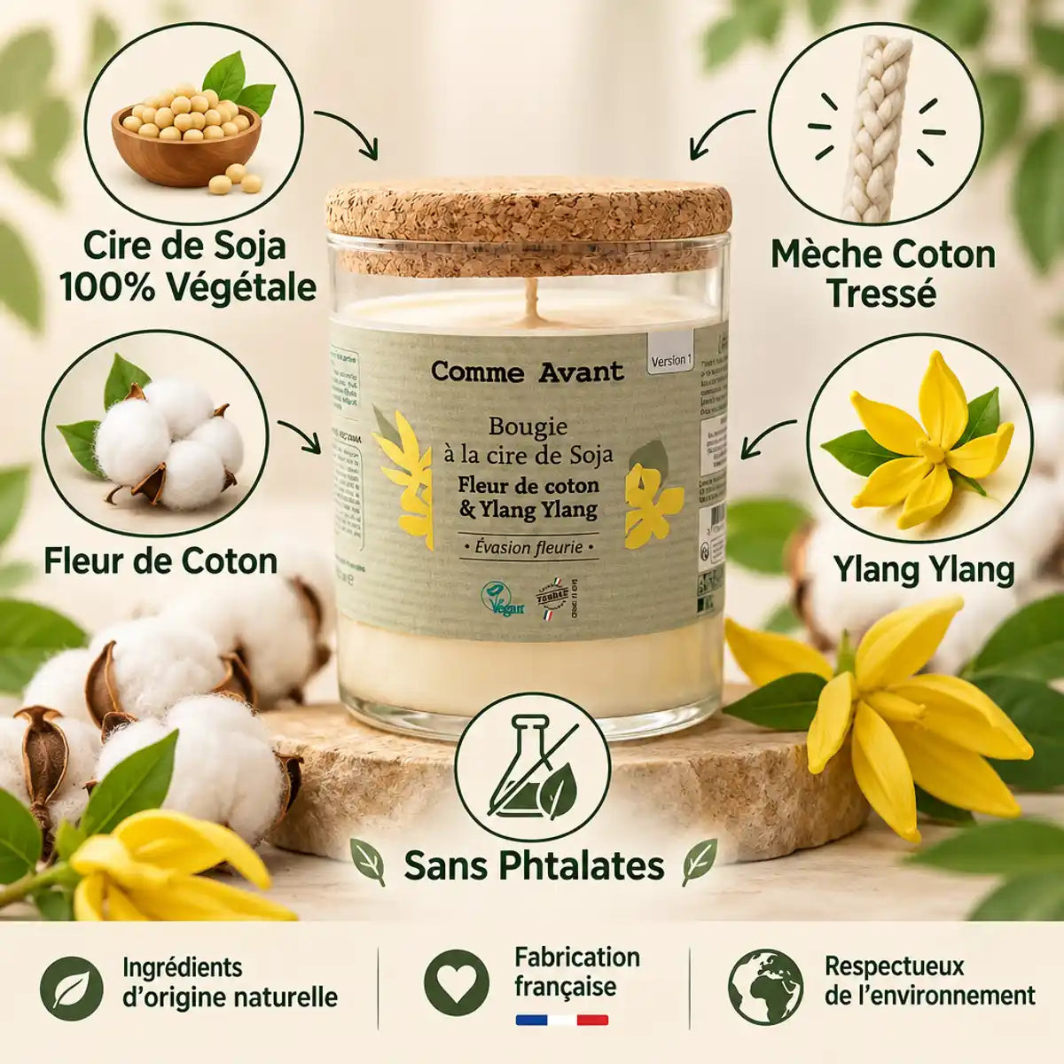 Bougie soja Comme Avant Fleur de Coton Ylang Ylang 190g avec ingrédients naturels