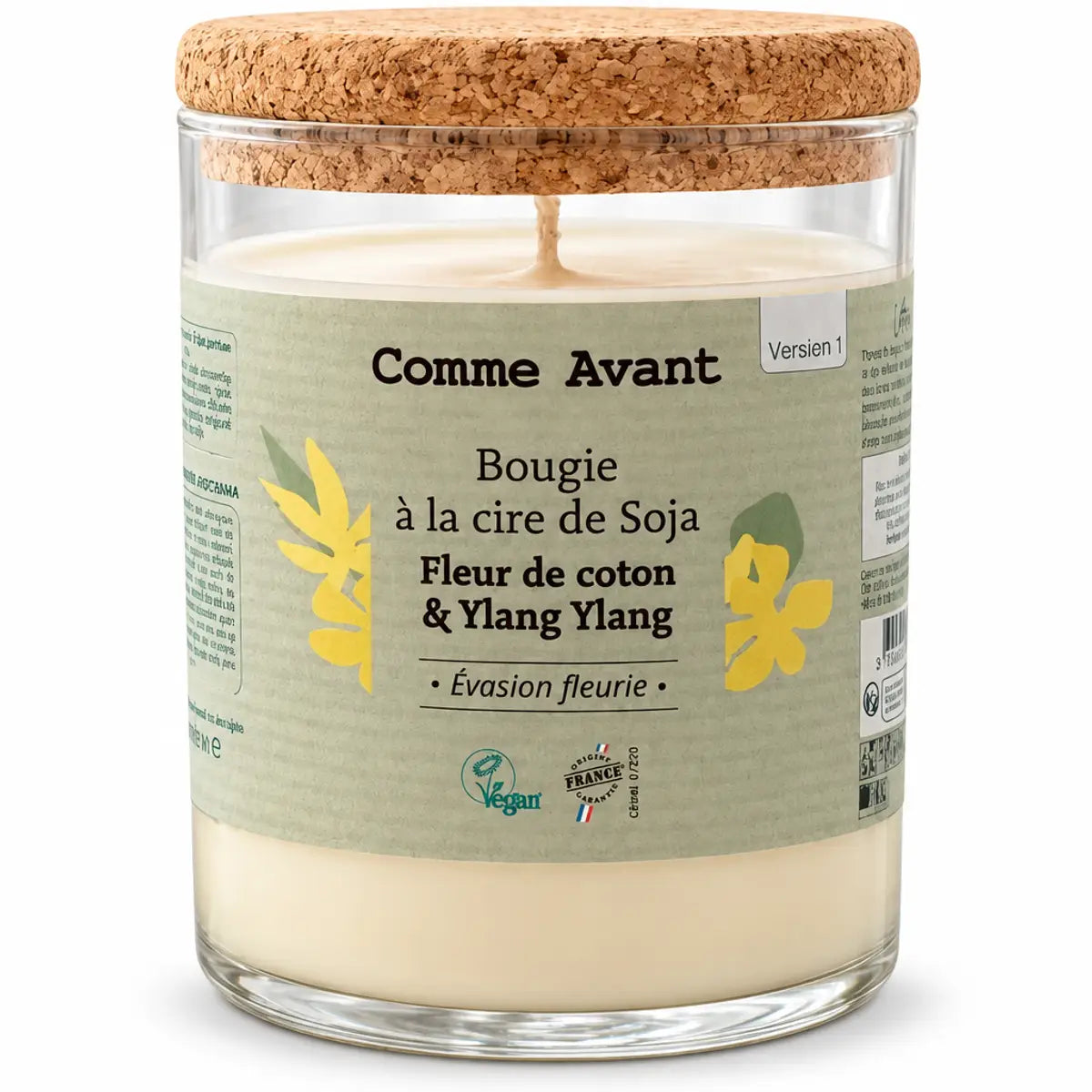 Bougie soja Comme Avant Fleur de coton Ylang Ylang 190g en verre avec étiquette verte