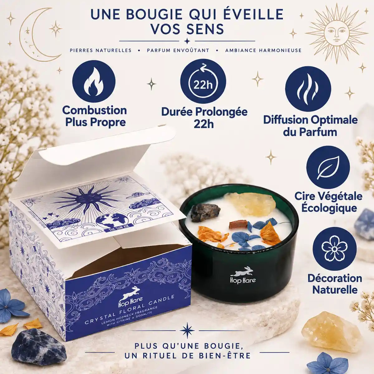 Bougie cire soja fleurs séchées citrine sodalite Hop Hare - Infographie bénéfices produit