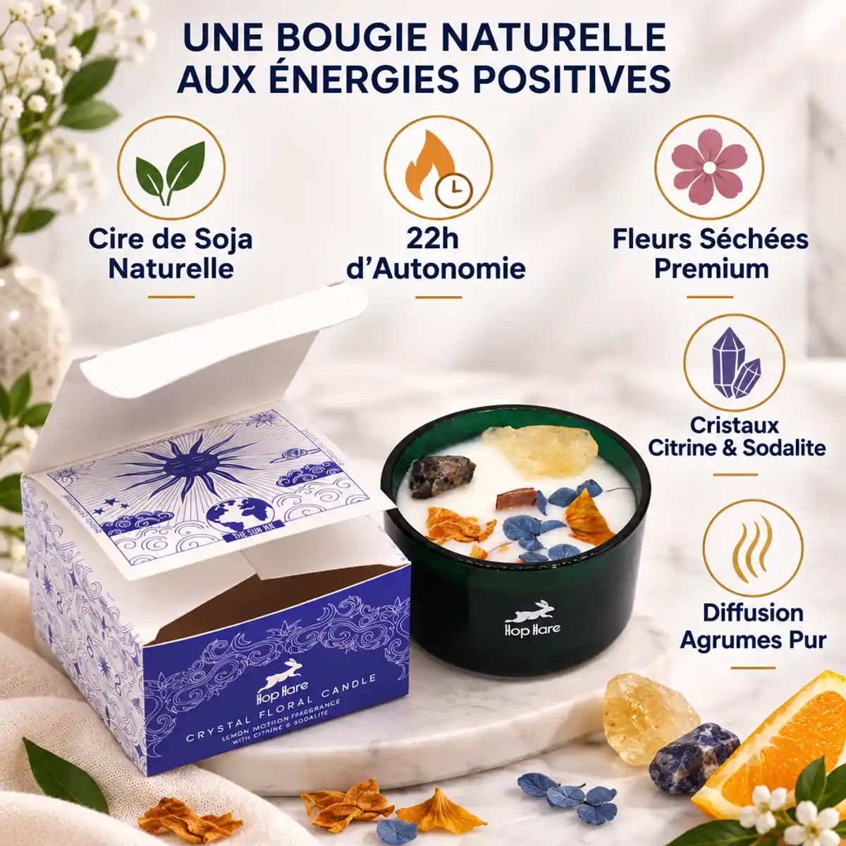 Bougie cire soja fleurs séchées citrine sodalite agrumes Hop Hare avec spécifications