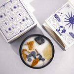 Bougie cire de soja Hope Hare fleurs séchées agrumes citrine sodalite emballage bleu blanc