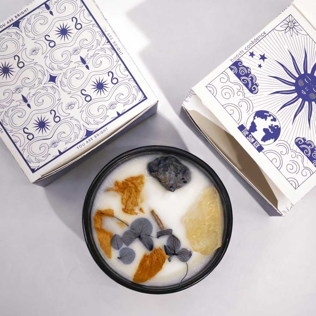 Bougie cire de soja Hope Hare fleurs séchées agrumes citrine sodalite emballage bleu blanc