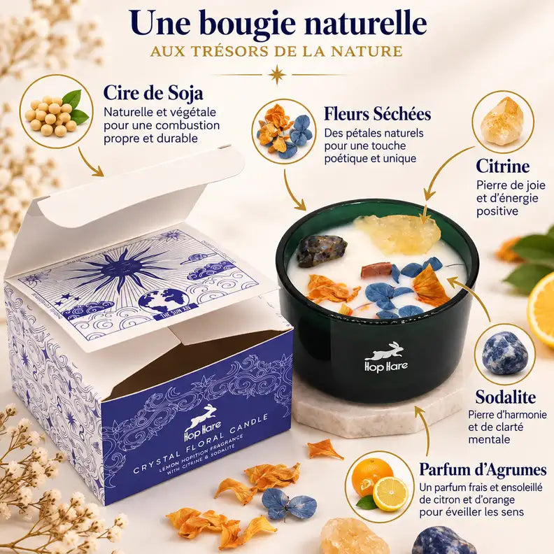 Bougie cire de soja fleurs séchées citrine sodalite agrumes Hop Hare avec packaging céleste