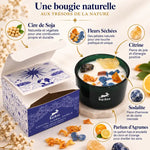 Bougie cire de soja fleurs séchées citrine sodalite agrumes Hop Hare avec packaging céleste