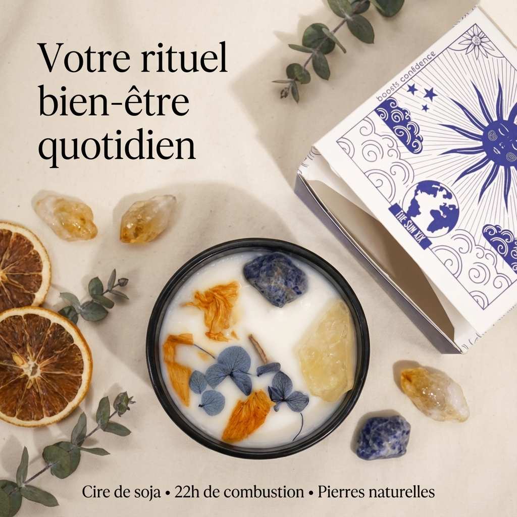 Bougie cire de soja Hope Hare avec fleurs séchées, cristaux citrine et sodalite, packaging céleste