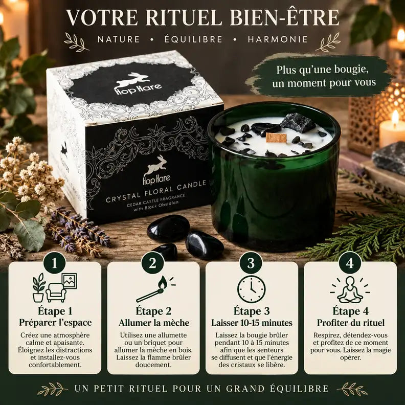 Bougie cire soja obsidienne fleurs séchées Hop Hare guide rituel étapes