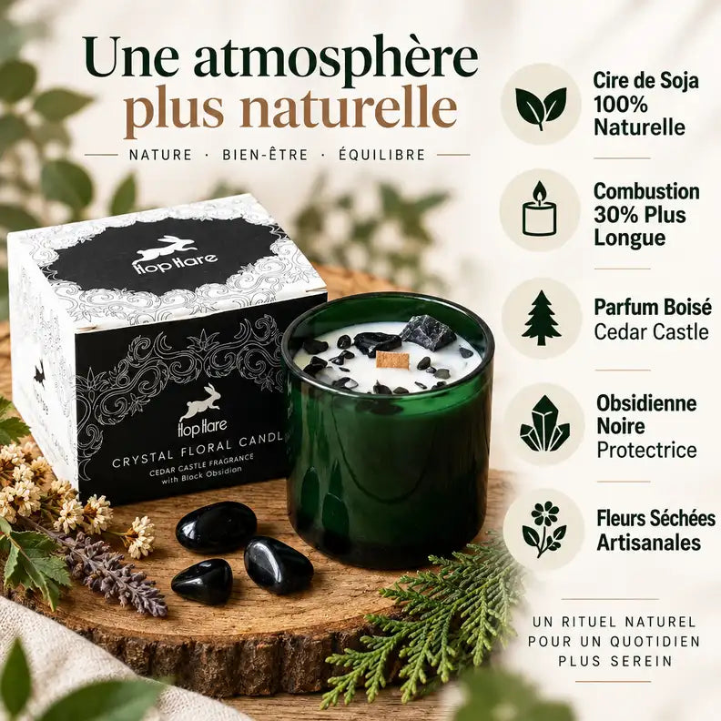Bougie soja cire naturelle avec fleurs séchées et obsidienne noire Hop Hare