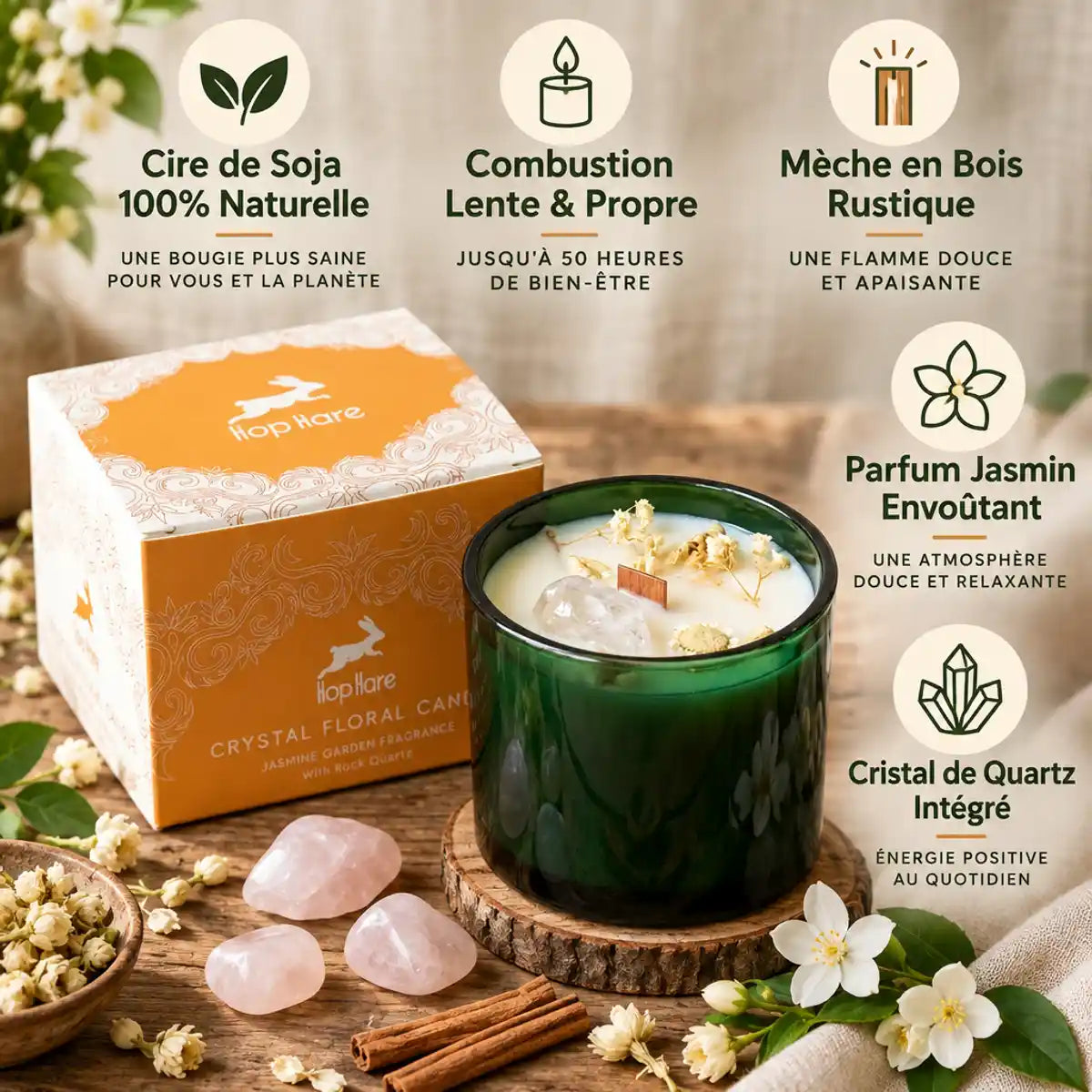 Bougie cire soja jasmin cristal quartz Hop Hare verre vert fleurs séchées