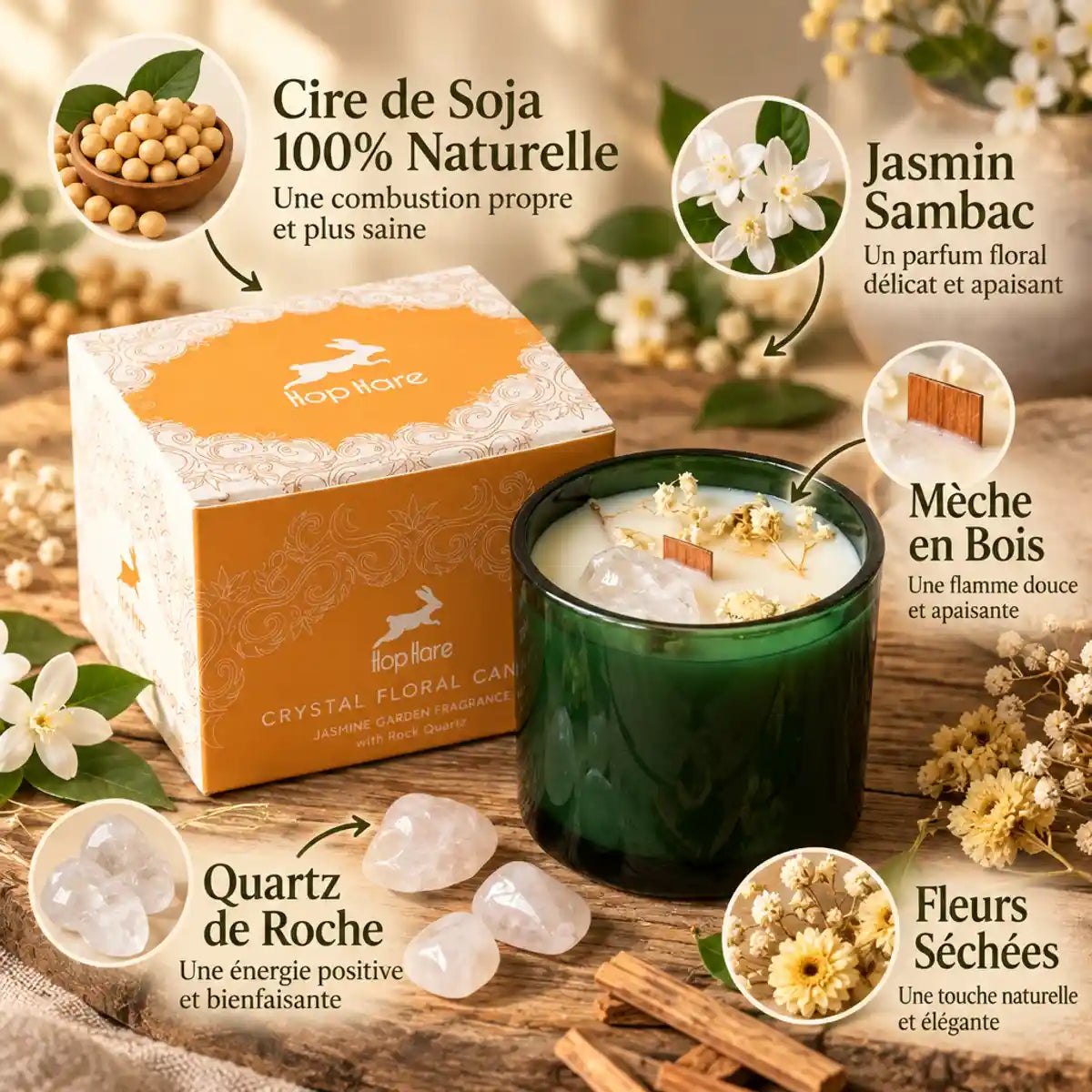Bougie soja Hop Hare jasmin fleurs séchées quartz roche - jar verre vert mèche bois naturelle