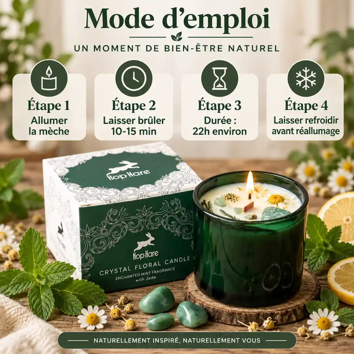 Bougie soja Hop Hare menthe citron avec fleurs séchées, jade et guide d'utilisation