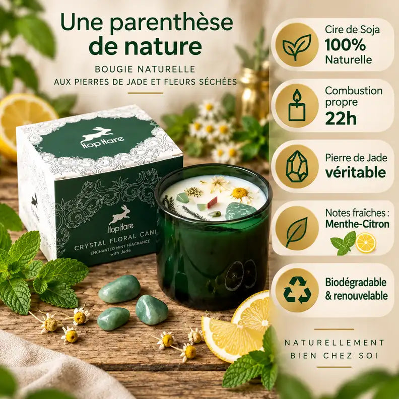 Bougie cire de soja menthe citron avec fleurs séchées et pierre jade Hop Hare