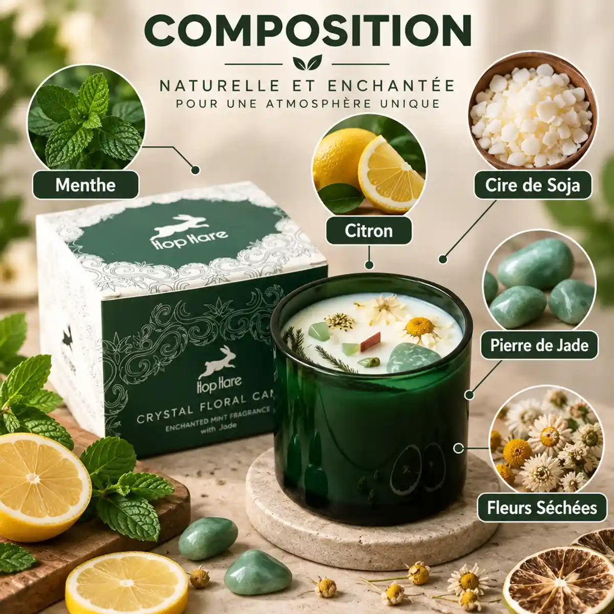 Bougie soja menthe citron avec fleurs séchées et gemme jade Hop Hare