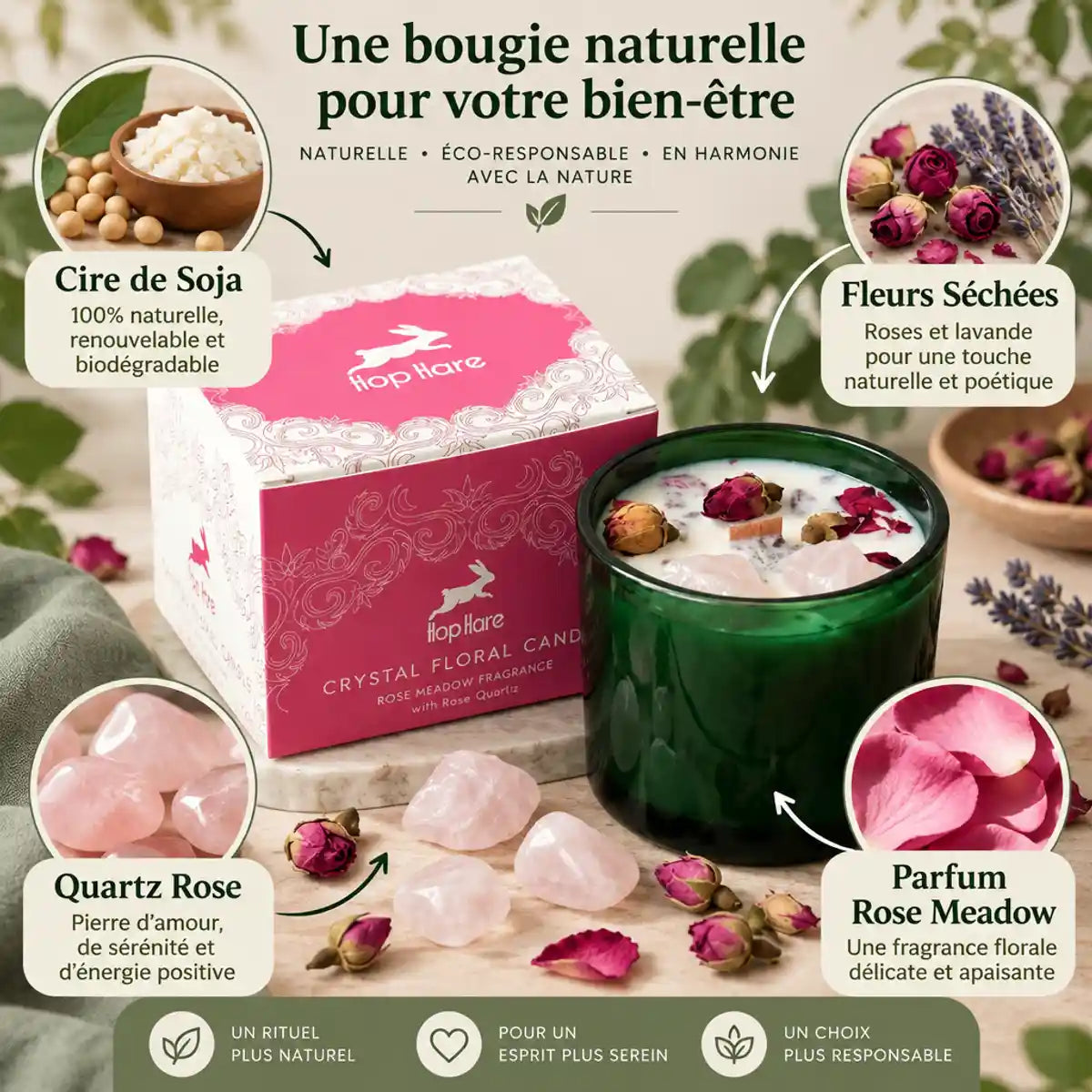 Bougie soja fleurs séchées rose et quartz rose Hop Hare avec ingrédients naturels