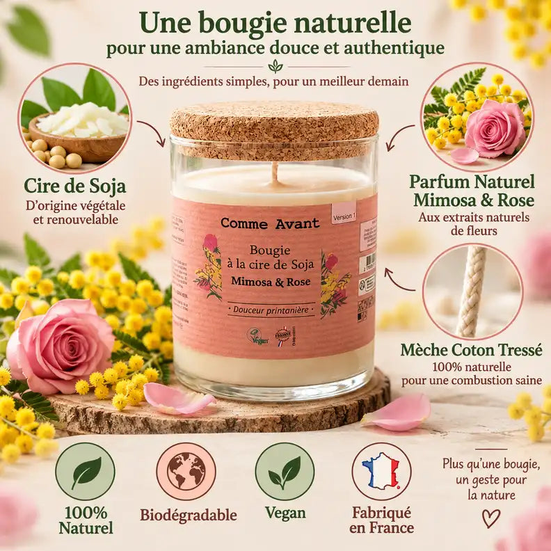 Bougie cire soja Mimosa & Rose Comme Avant 190g avec ingrédients naturels et mèche coton
