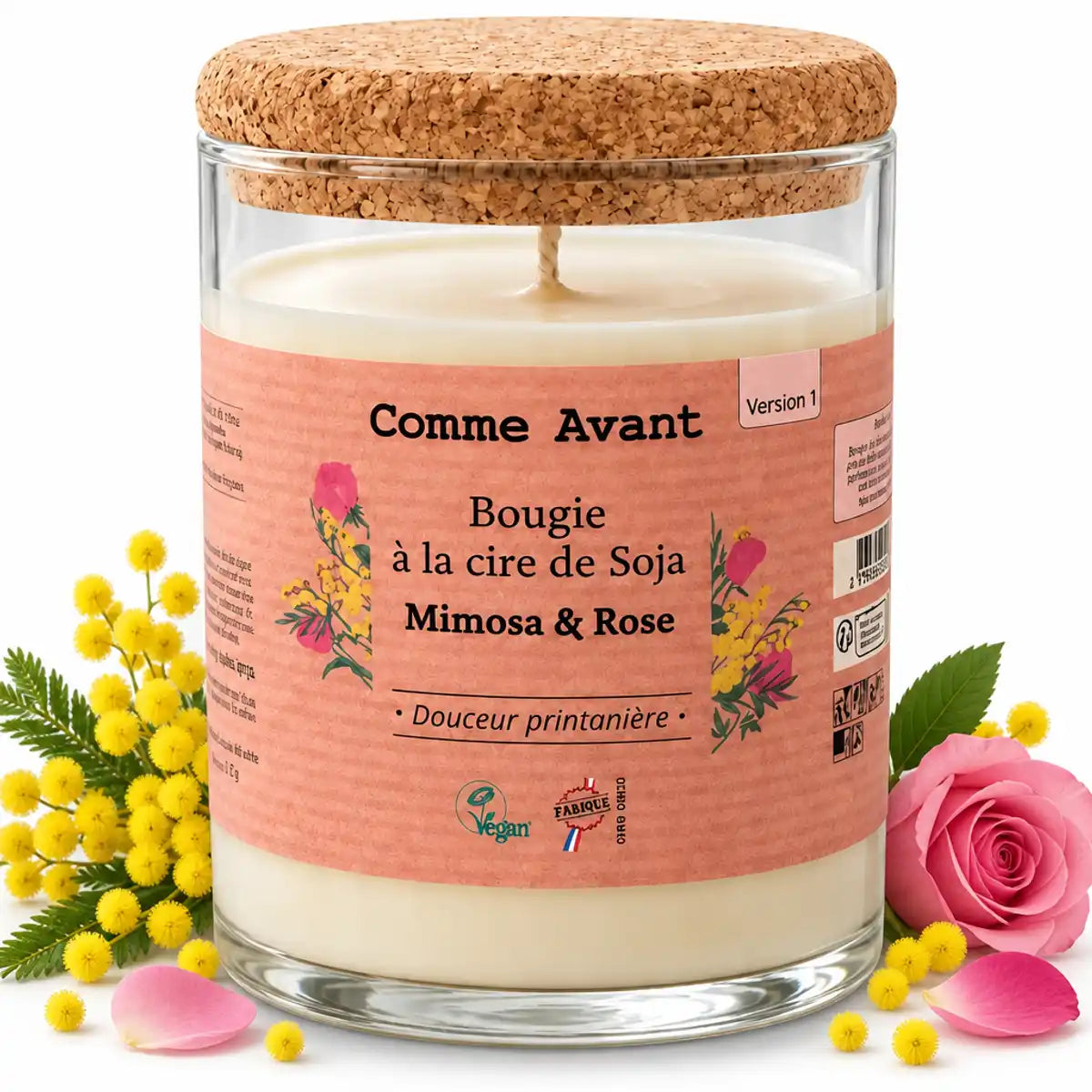 Bougie cire de soja Mimosa & Rose 190g Comme Avant avec étiquette florale