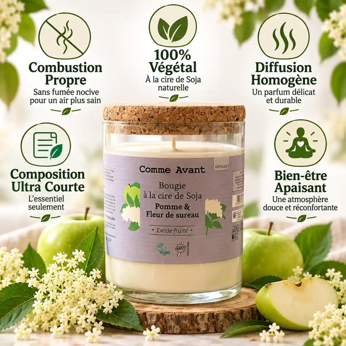 Bougie cire de soja Pomme Fleur de Sureau Comme Avant 190g avec bénéfices écologiques