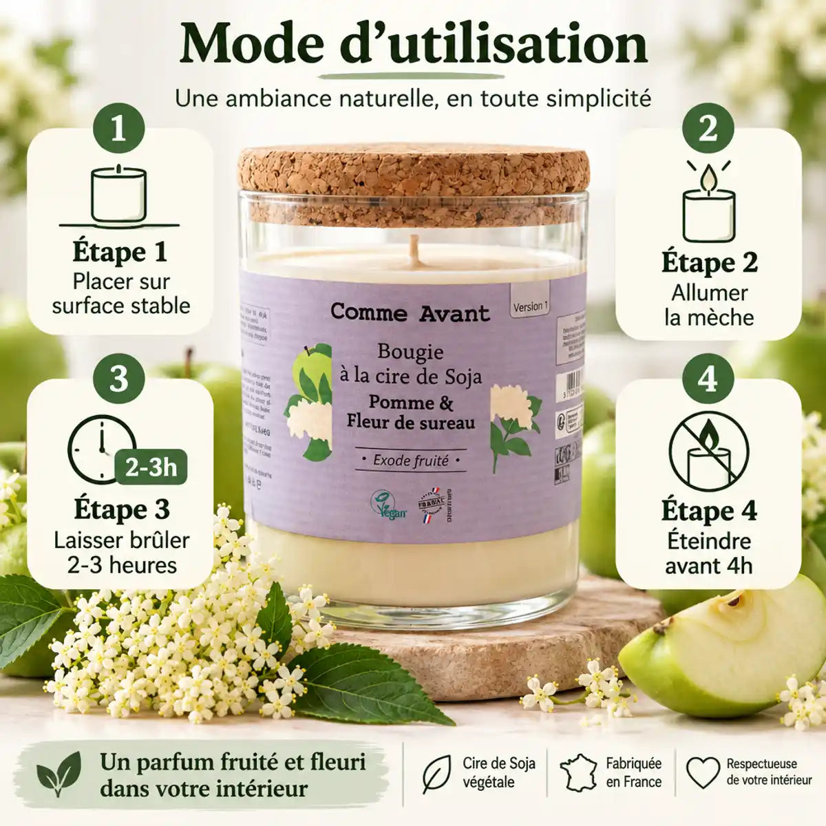Bougie soja Pomme Fleur Sureau Comme Avant avec guide utilisation et ingrédients naturels