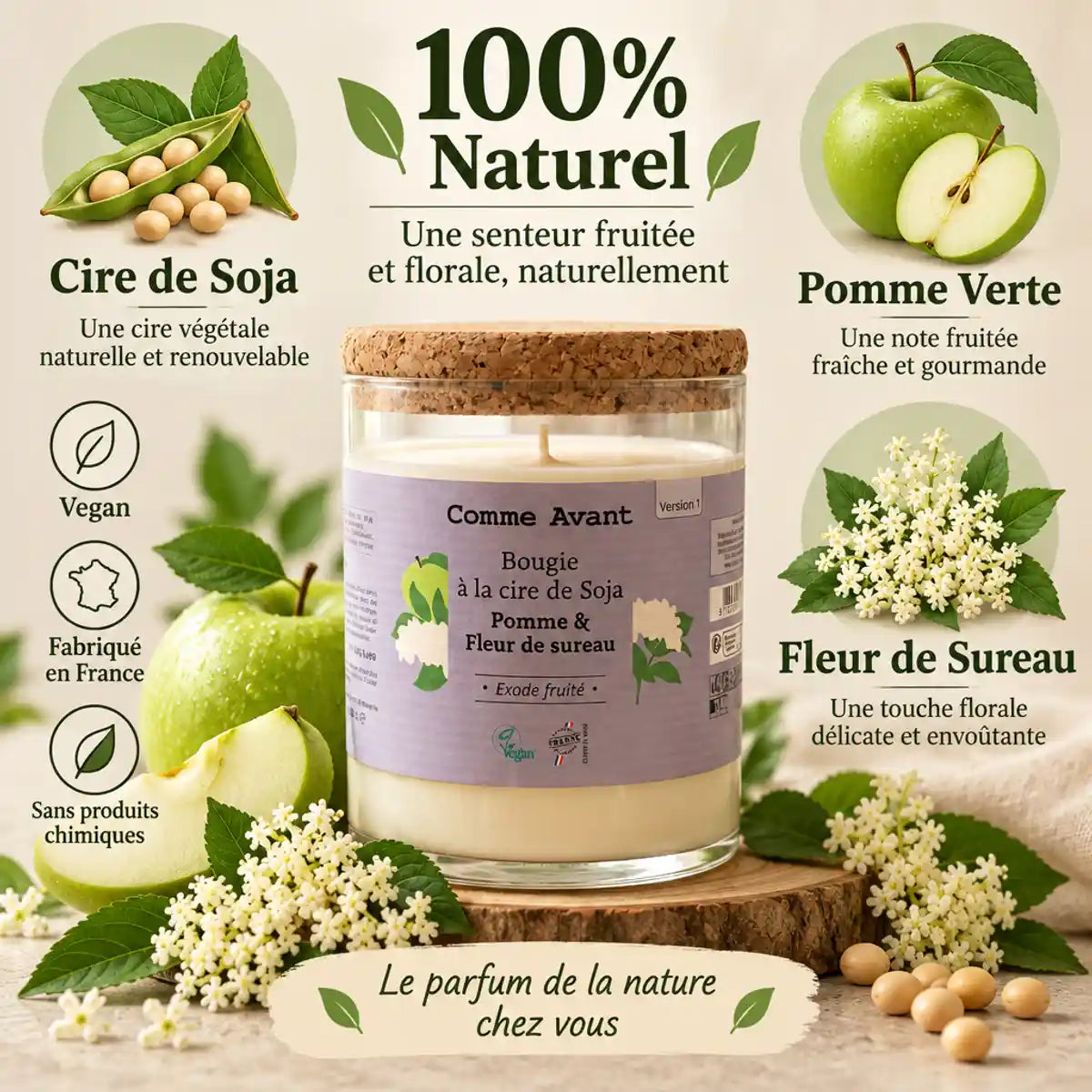 Bougie cire de soja Pomme et Fleur de Sureau Comme Avant 190g avec ingrédients naturels