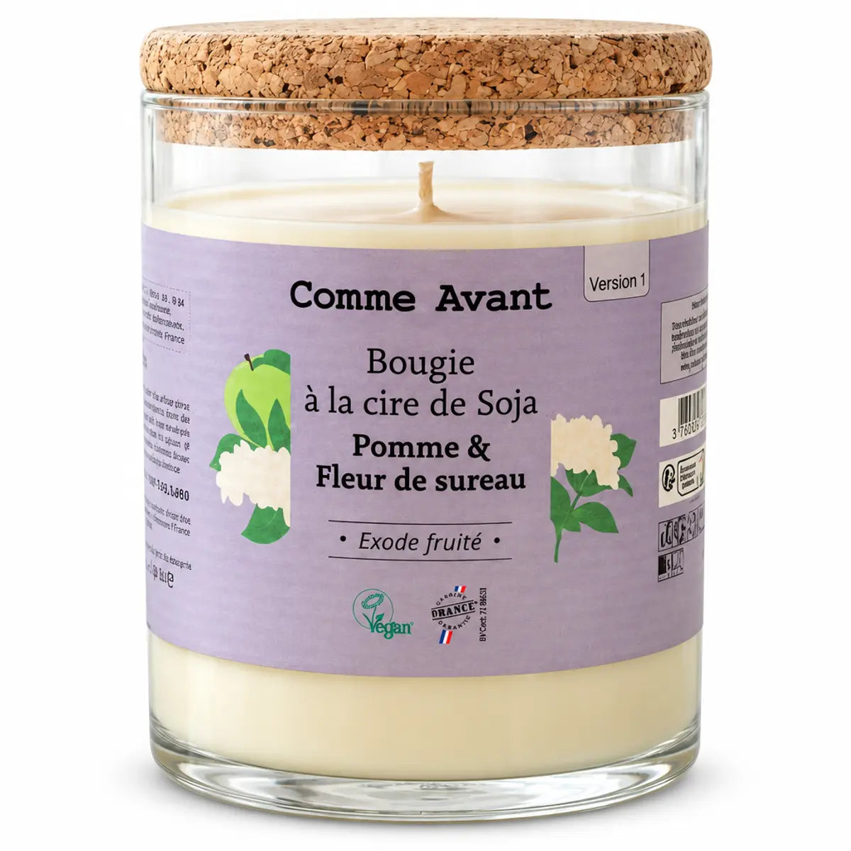 Bougie cire de soja Pomme & Fleur de Sureau Comme Avant 190g avec couvercle liège