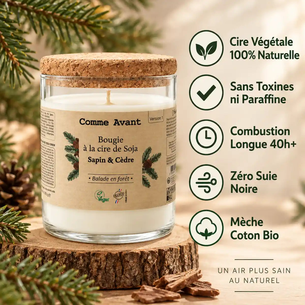 Bougie cire soja Comme Avant Sapin Cèdre 190g naturelle sans toxines longue tenue