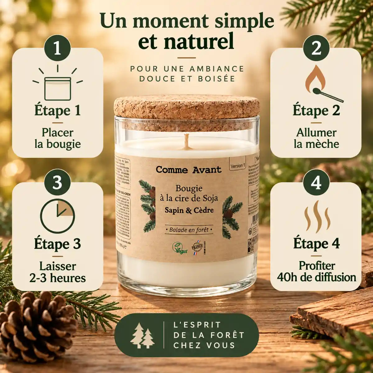 Bougie soja Comme Avant Sapin Cèdre 190g avec guide utilisation 4 étapes diffusion 40h