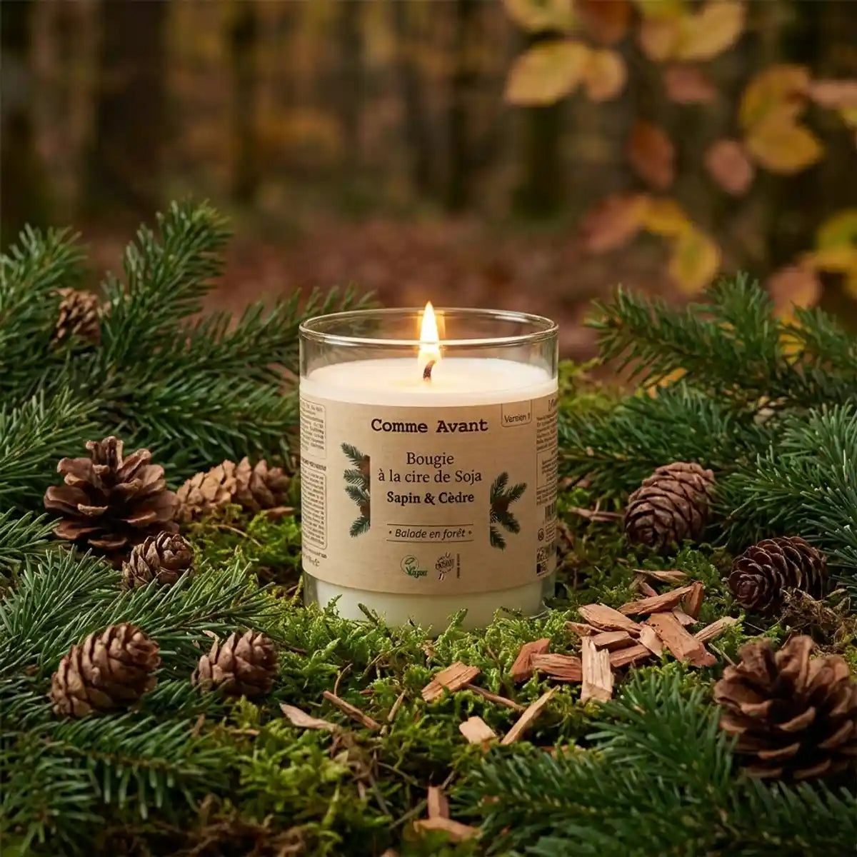 Bougie soja Comme Avant Sapin Cèdre 190g entourée de branches de sapin et cèdre