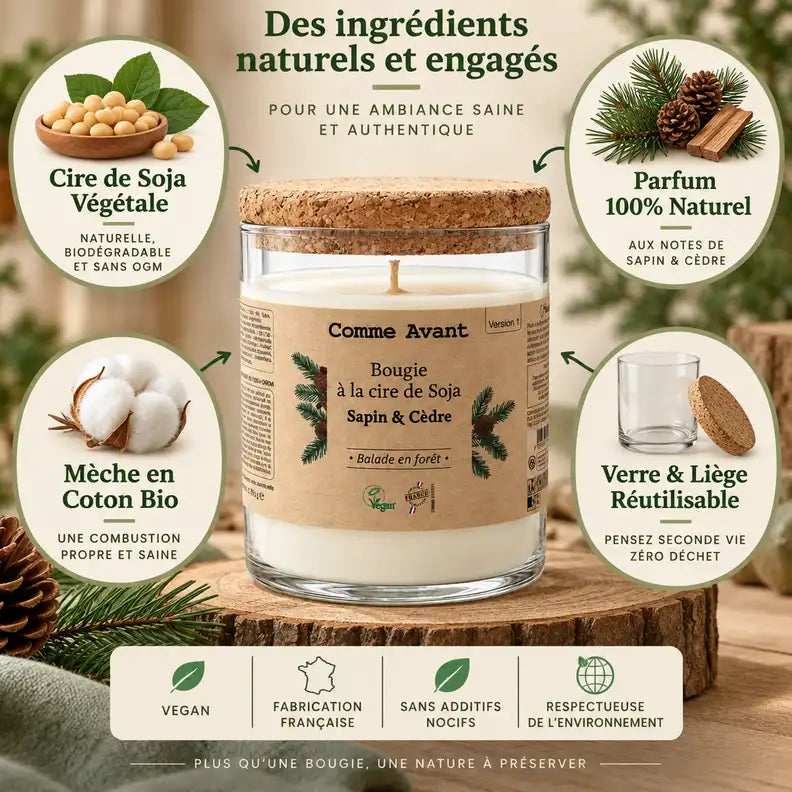 Bougie Comme Avant cire de soja Sapin Cèdre avec ingrédients naturels et mèche coton bio