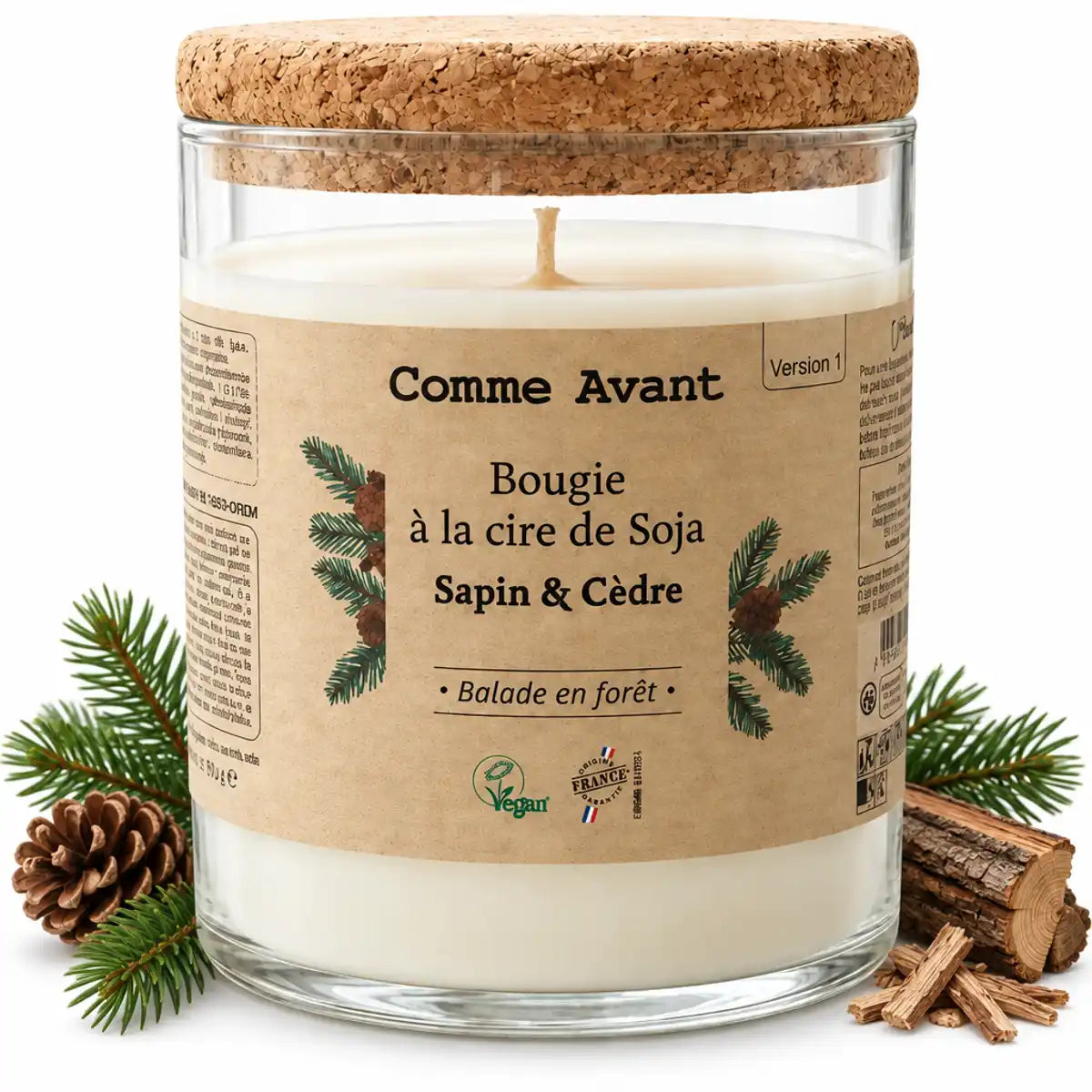 Bougie cire soja Comme Avant Sapin Cèdre 190g avec couvercle liège et étiquette kraft