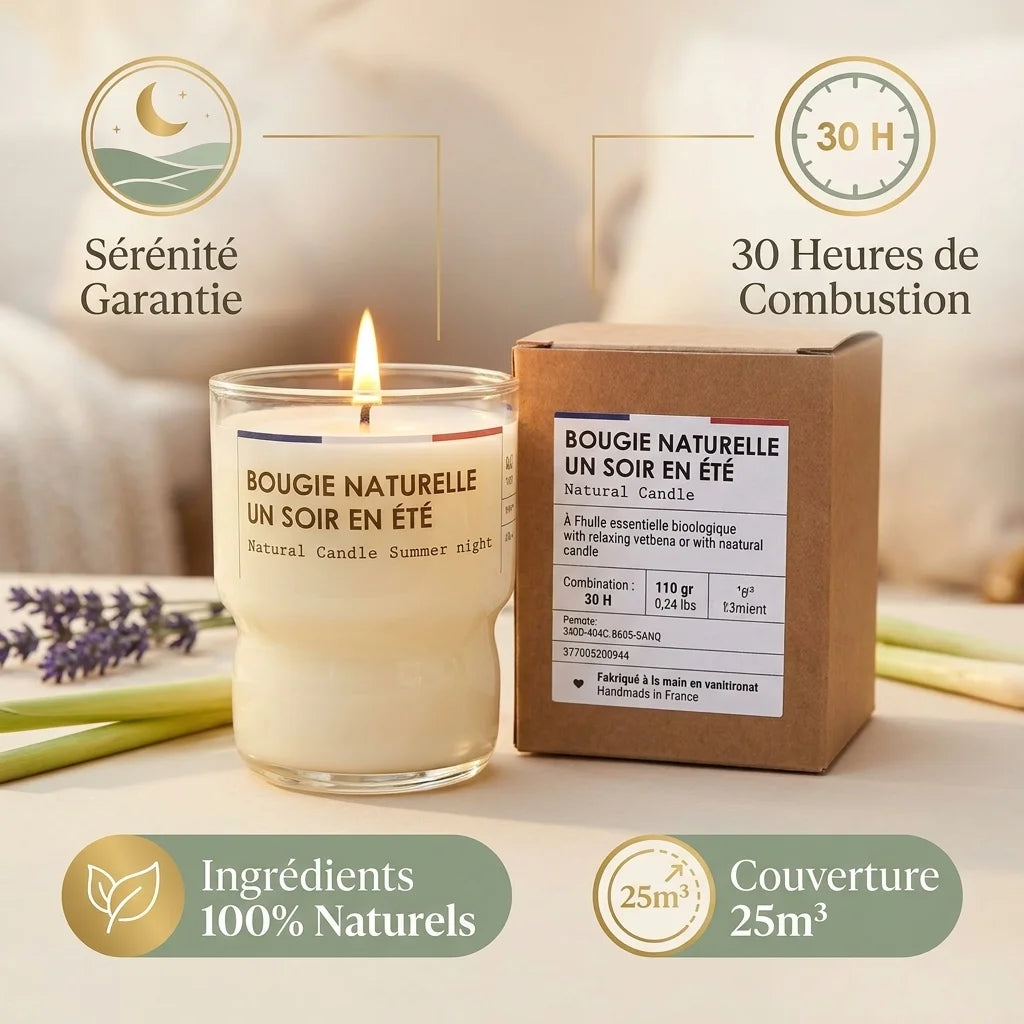 Bougie anti-moustique naturelle Jolis Baumes 110g avec bénéfices et ingrédients naturels affichés