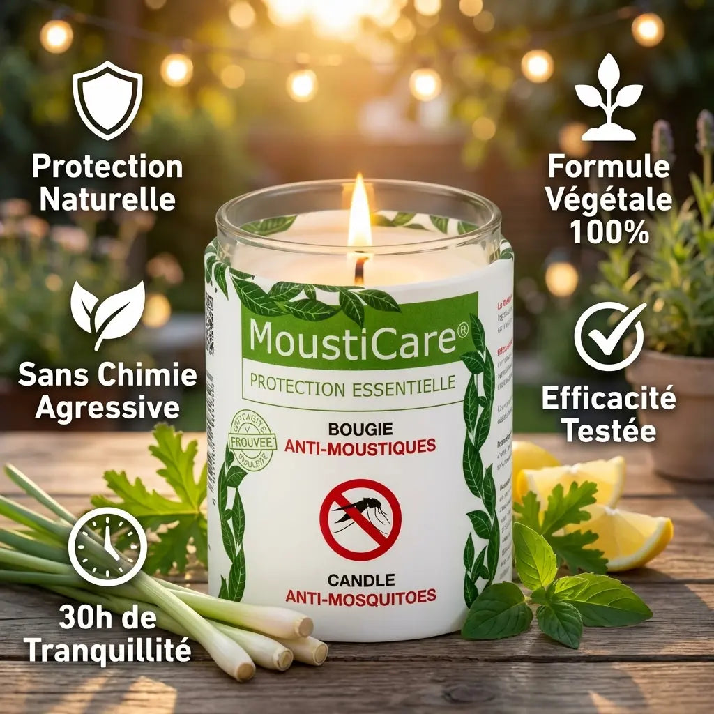 Bougie anti-moustique Mousticare 160g naturelle avec infographie des bénéfits et protection sans chimie
