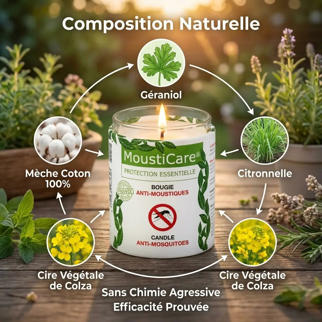 Bougie Mousticare 160g anti-moustique naturelle avec géraniol et citronnelle, composition et ingrédients