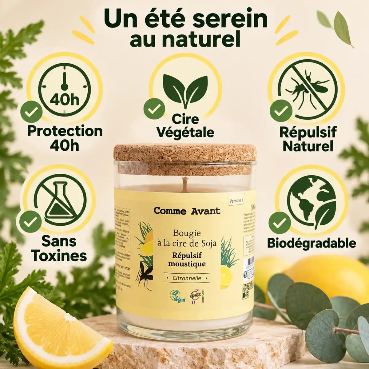 Bougie citronelle Comme Avant cire soja 190g avec bénéfices : protection 40h, naturelle, sans toxines