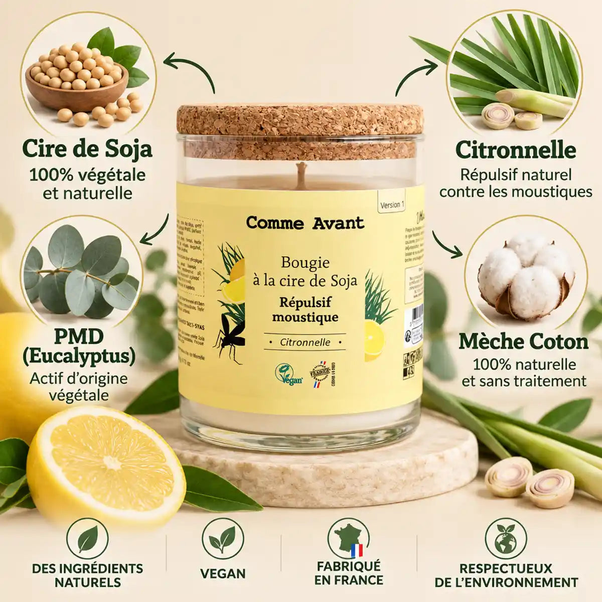 Bougie citronelle anti-moustique cire de soja 190g Comme Avant avec ingrédients naturels