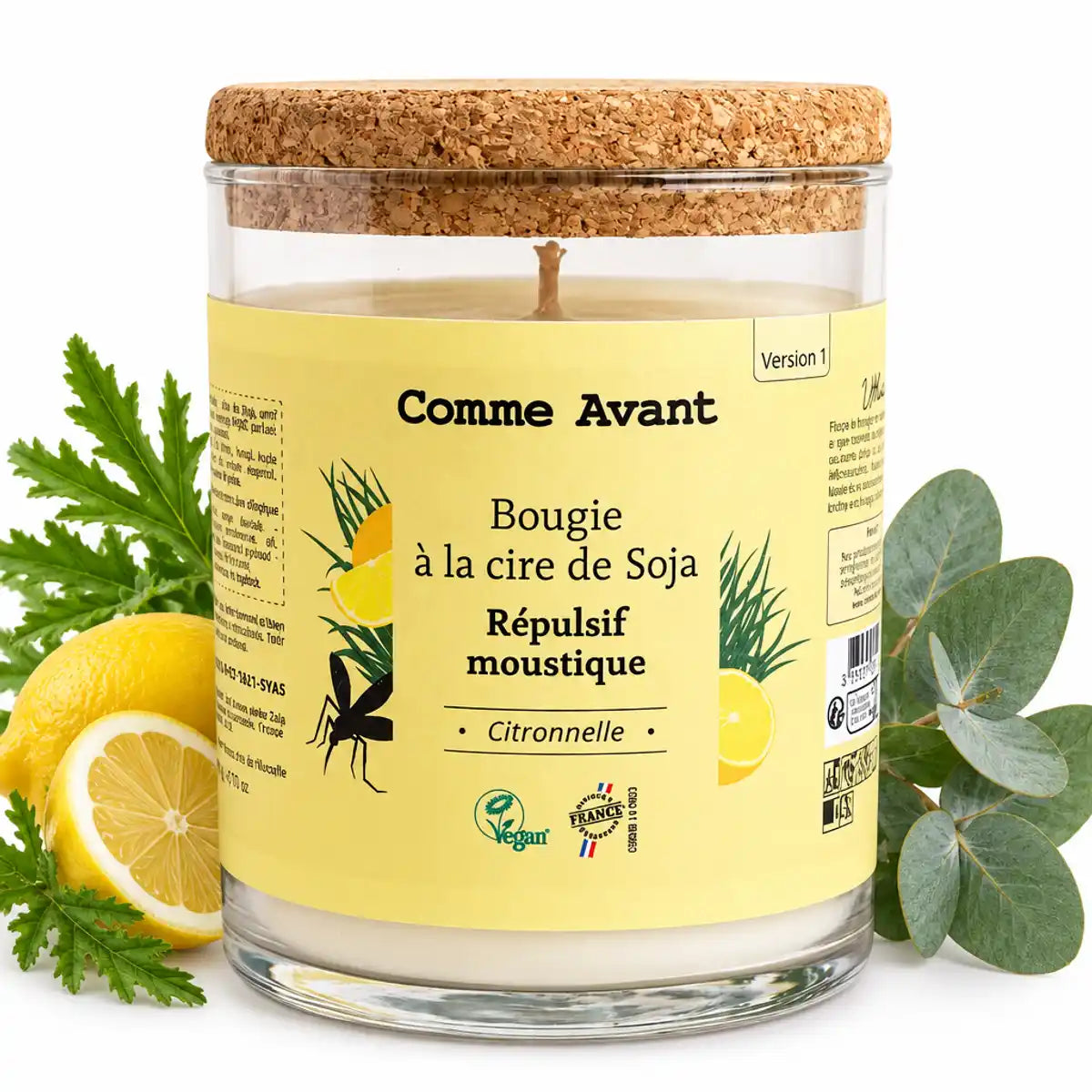 Bougie citronelle anti-moustique 190g cire de soja Comme Avant avec citronnelle et eucalyptus