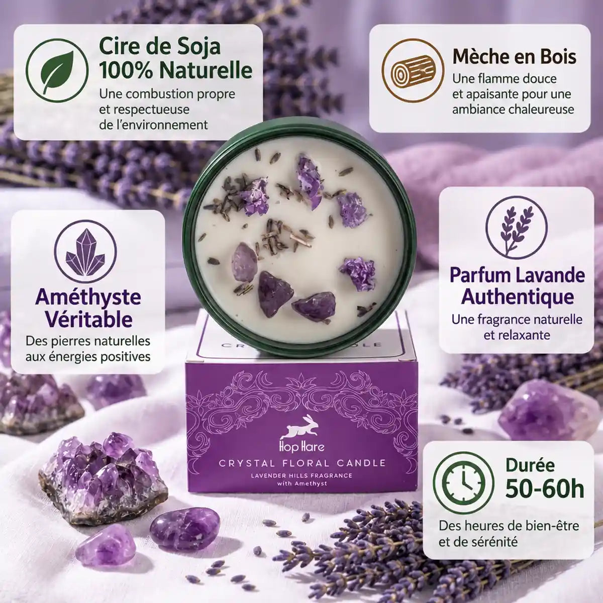 Bougie Lavande & Améthyste Hop Hare - Cire de soja naturelle avec cristal véritable